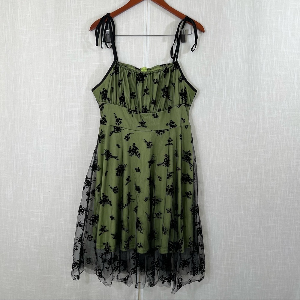 SHEIN Green Black Lace Tie Shoulder Flowy Ruched Bust Dress Size XL - Picture 2 of 12